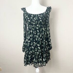 NEW Francesca's Trixxi Smocked Green Black Floral Long‎ Sleeve Mini Dress Size S